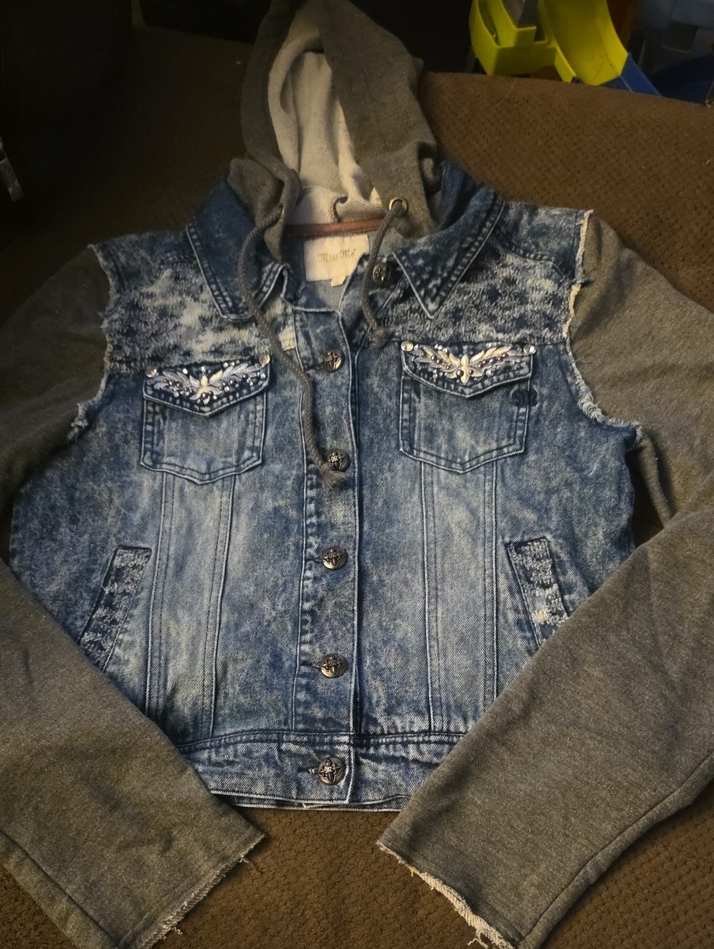 MISS ME: Women's Blue Denim Hooded Jacket with Gray Sleeves